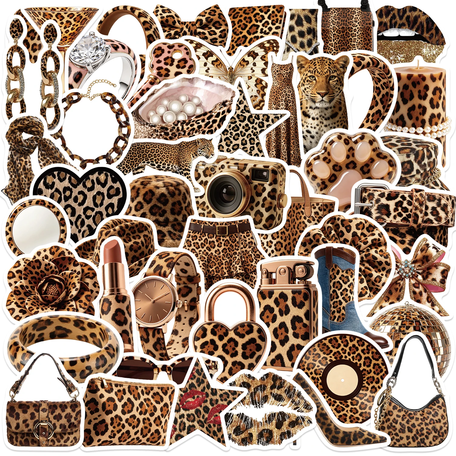 50pcs Brown Leopard Print Y2K Style Stickers Exquisite Decor Stickers For Scrapbooks Laptops Suitcases Guitars Water Bottles