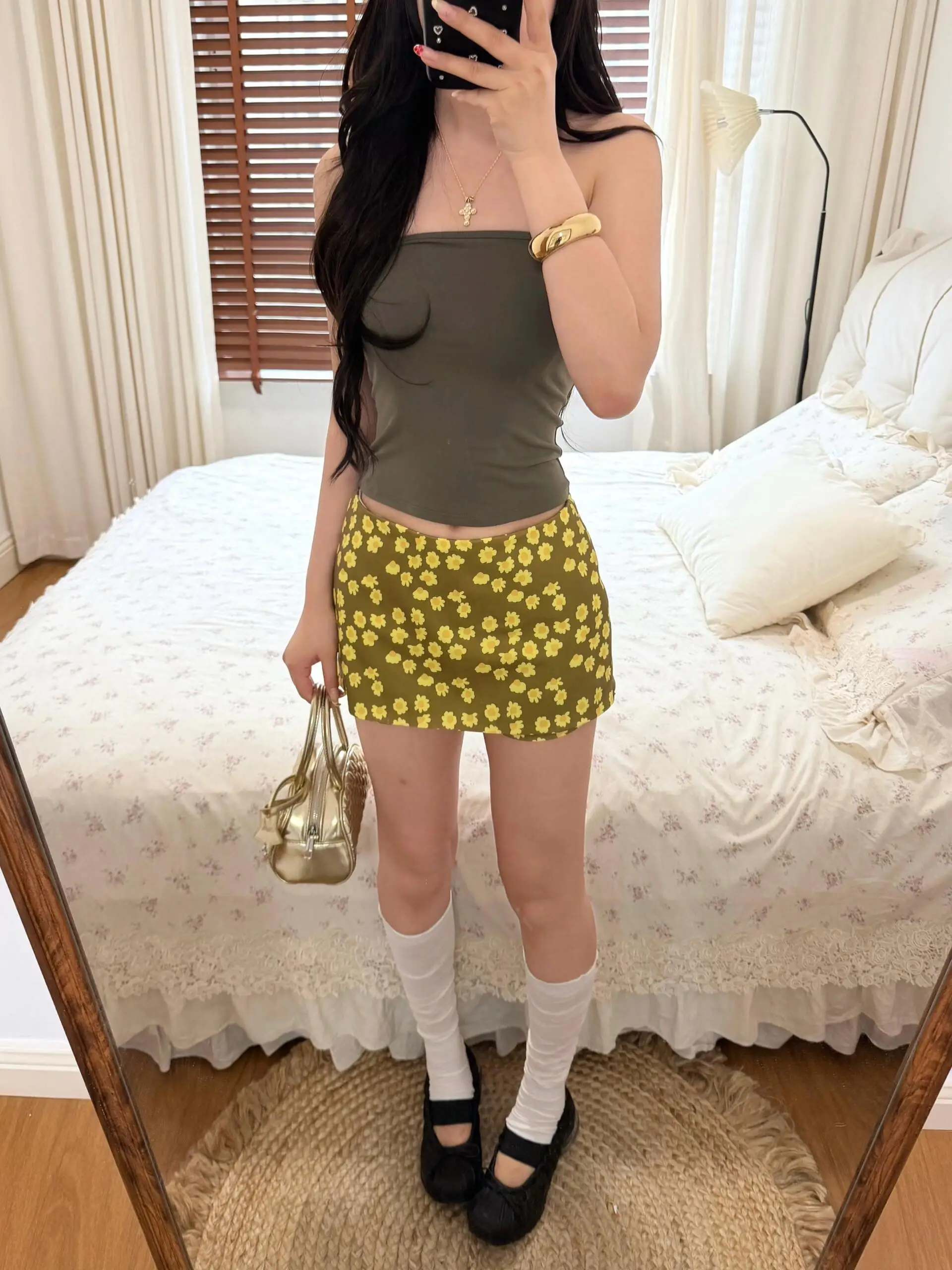 American Style Green Floral Print Casual Straight Cut  Skirt Women's Spring Summer New Design A-Line Short Skirt Pants