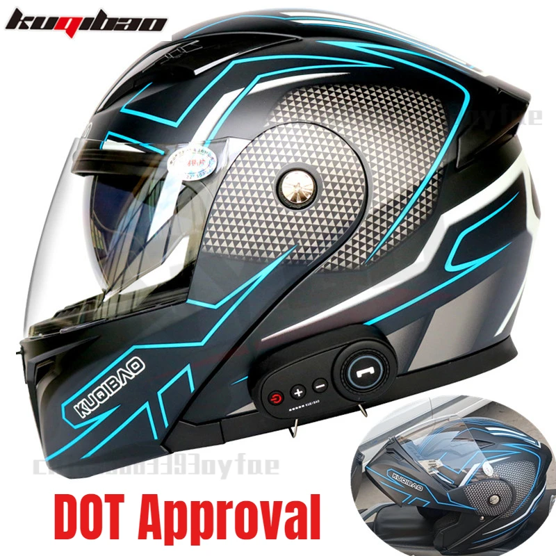

KUQIBAO Motorcycle Helmet Built-In Bluetooth Headset Men's Flip Up Moto Helmet Double HD Anti-Fog Lens DOT Approval
