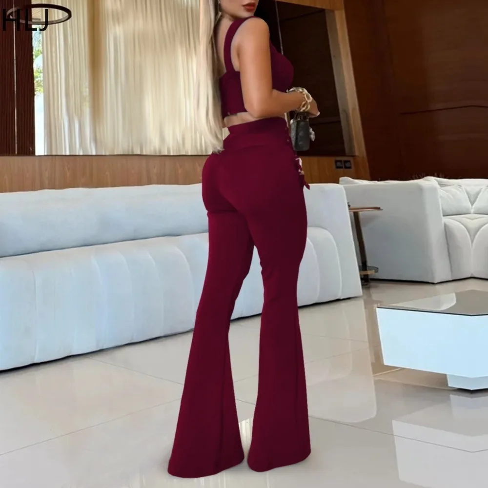 HLJ Sexy 2 Pieces Set for Woman Outfits Spaghetti Strap Sleeveless Backless Crop Top and Pants Suits Female Streetwear Clothing