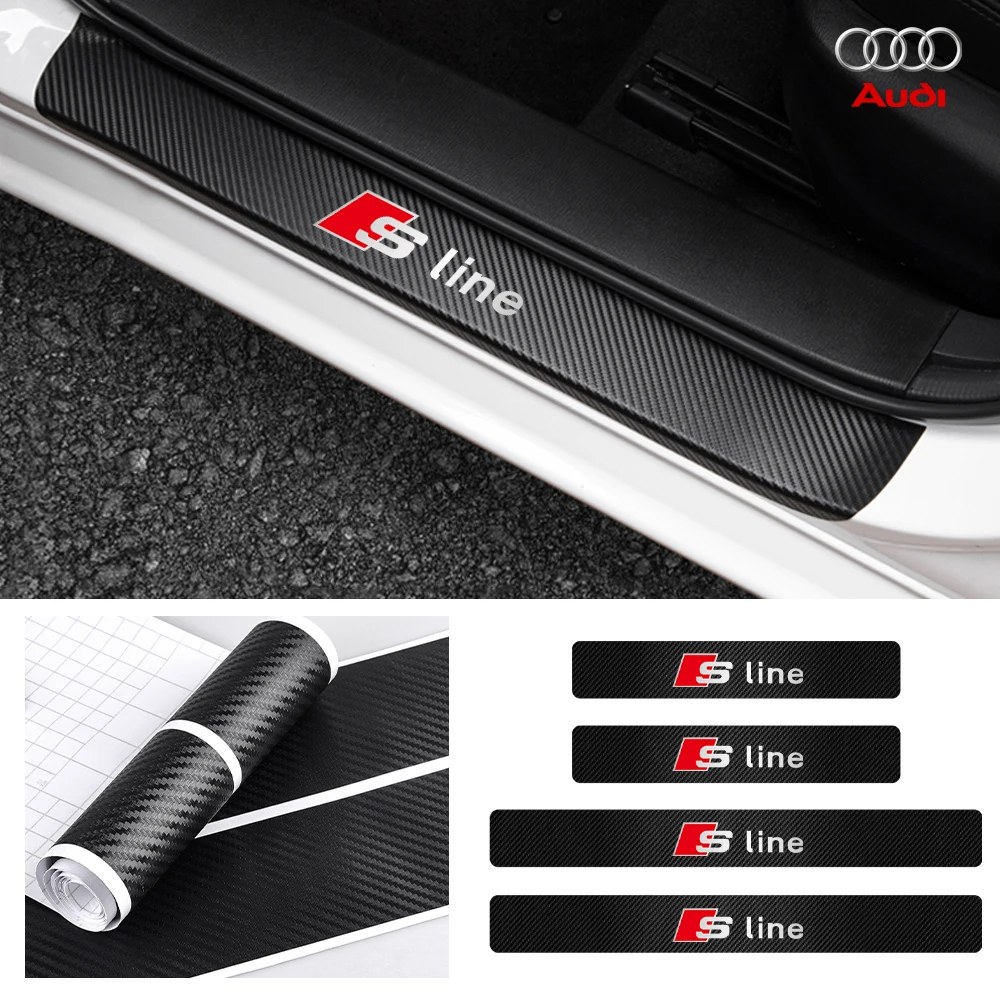 Car Styling 4pcs Carbon Fiber Auto Door Sill Protector Stickers For Audi SLine Q3 Q5 Q7 RS3 RS4 RS5 A3 A4 B5 B7 B9 A5 A6 C5 C6