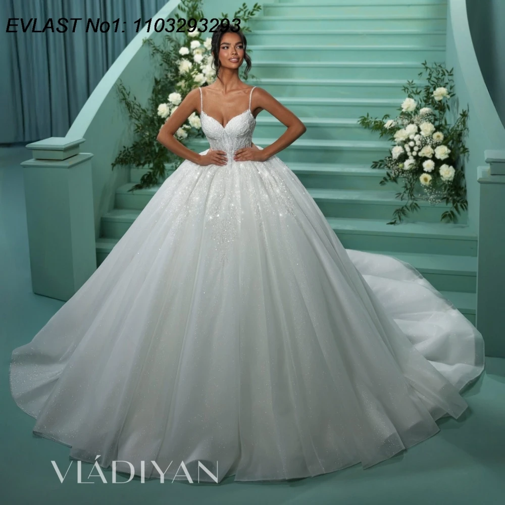 

EVLAST Customized Luxurious A Line Wedding Dress Sweetheart Spaghetti Lace Applique Beading Bridal Gown Robe De Mariee TBD54