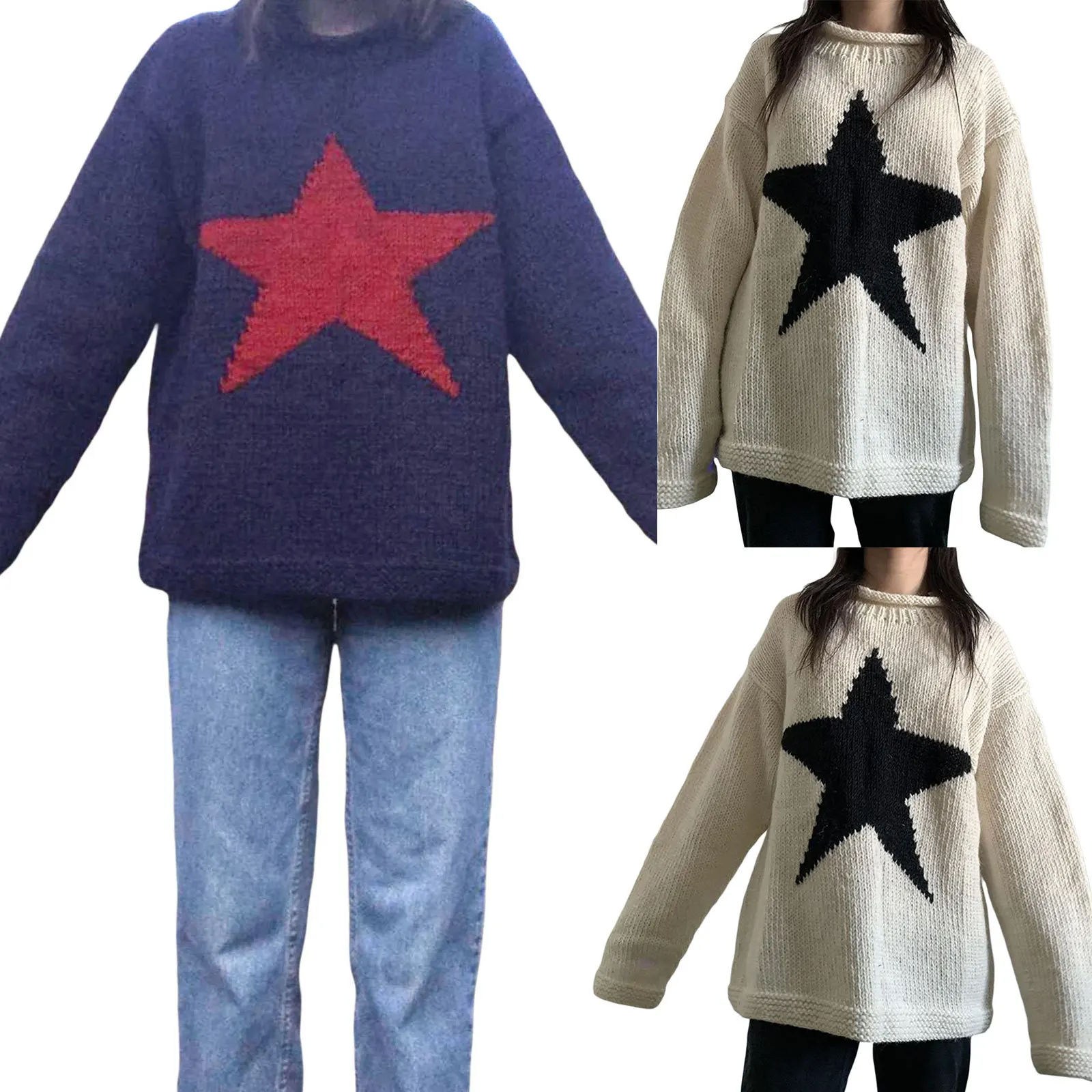 

Осенне-зимний женский свитер контрастного цвета с пентаграммой Y2K, свободный модный вязаный топ с круглым вырезом для женщин Y2K