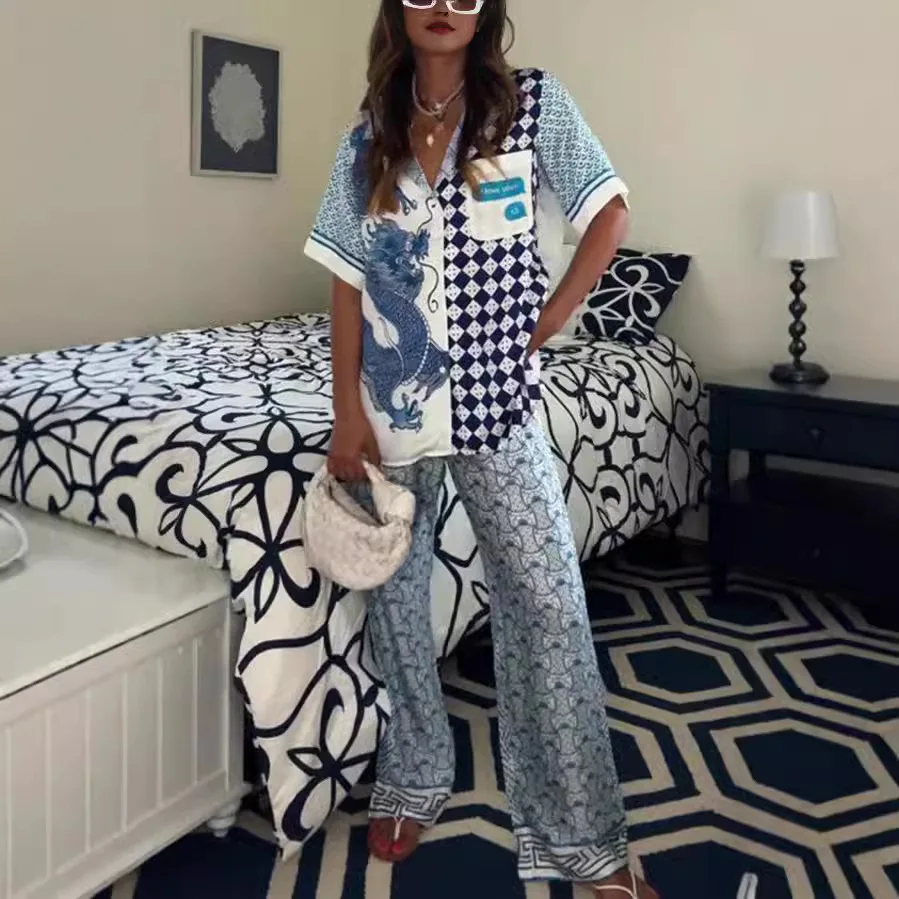 ผู้หญิงฤดูใบไม้ผลิฤดูร้อนใหม่แขนสั้นซาตินและกางเกงขายาวหลวมสบายๆชุดสูทสองชิ้น