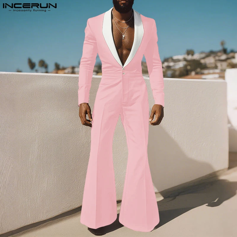 INCERUN Men Jumpsuits Patchwork Lapel Long Sleeve Button Male Rompers Streetwear 2025 Elegant Fashion Casual Overalls Men S-5XL
