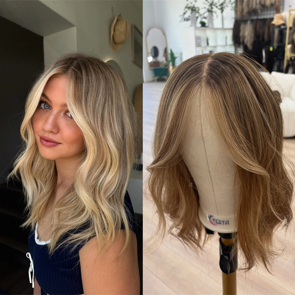 Summer Wig Loose Wave Bob Wig Brown Blonde Highlights Synthetic Lace Front Wig Realistic Look Free Part for Women Easy to Wear