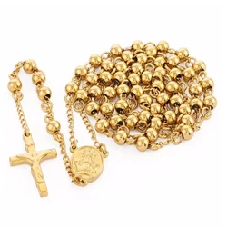 Stainless Steel Rosary Beads Crucifix Jesus Pendant Necklace Catholic Medalla Milagrosa Medal Center Necklace Women Men Jewelry