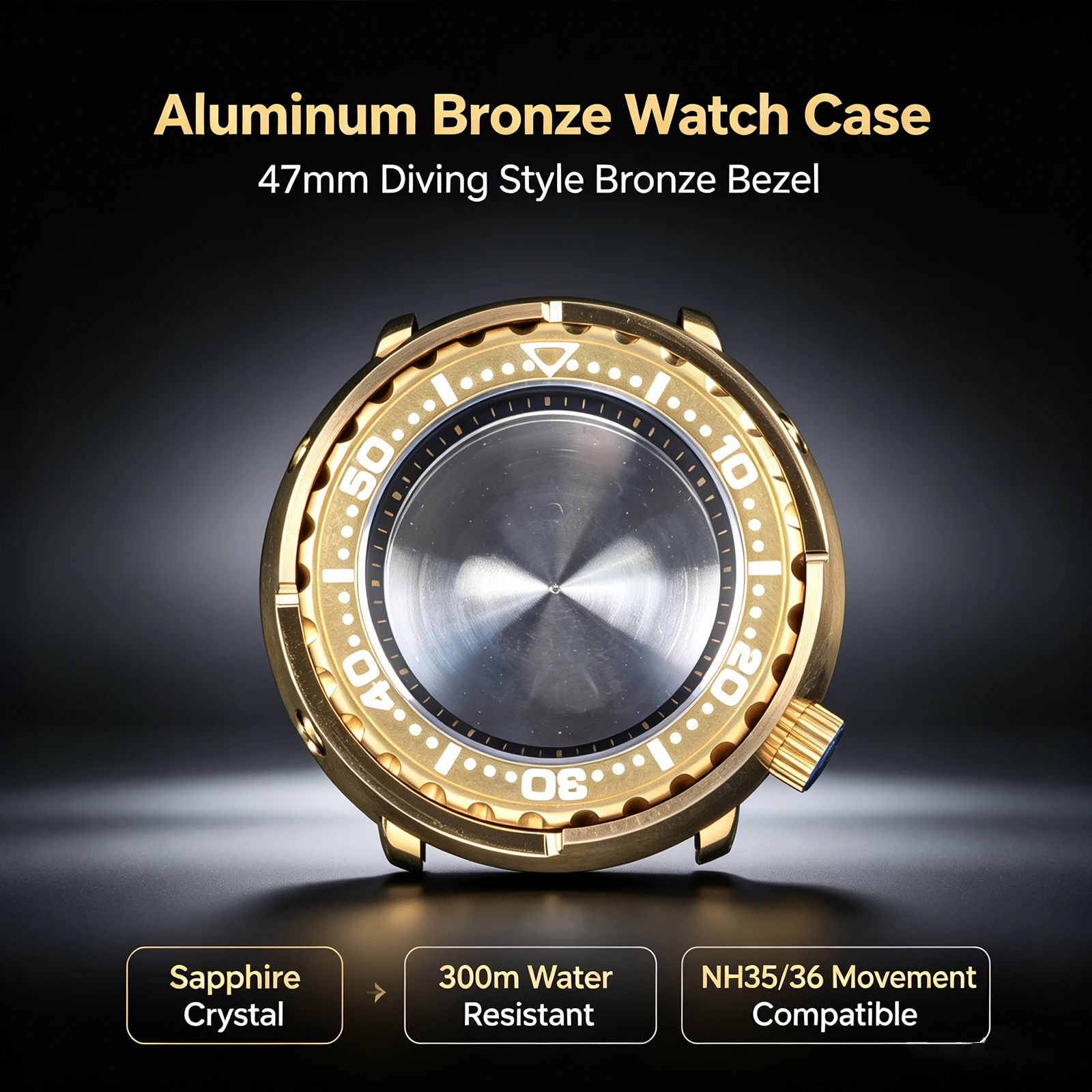 HEIMDALLR Men's Diver Watch Case 47mm NH35 NH36 4R 6R Aluminum Bronze Sapphire Bronze Bezel 300M Waterproof 4.2 oclock Crown Mod
