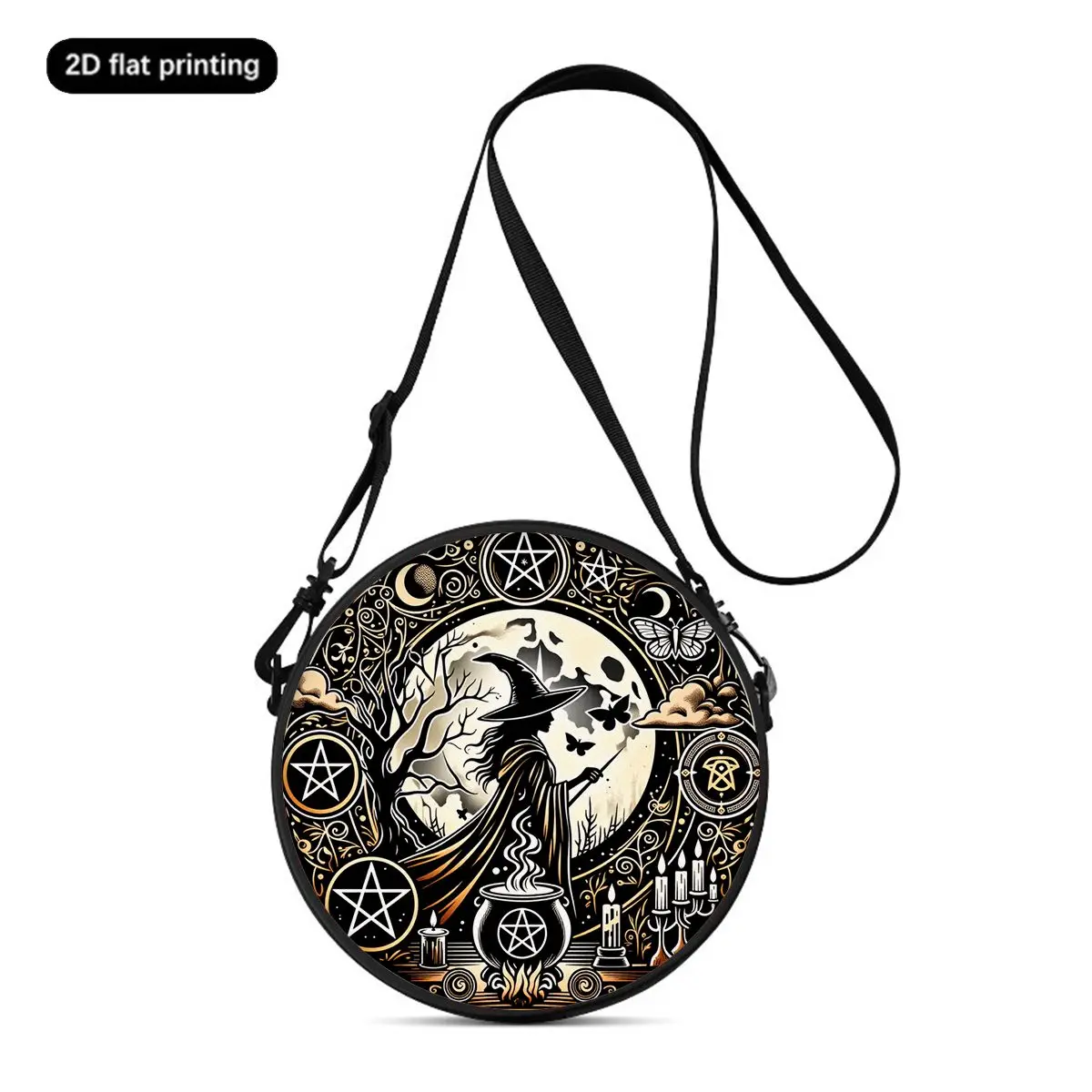 Witch Print Round Shoulder Bag Casual Messenger Bag Daily Adjustable Strap Crossbody Bag for Woman Best Gifts 2D Flat