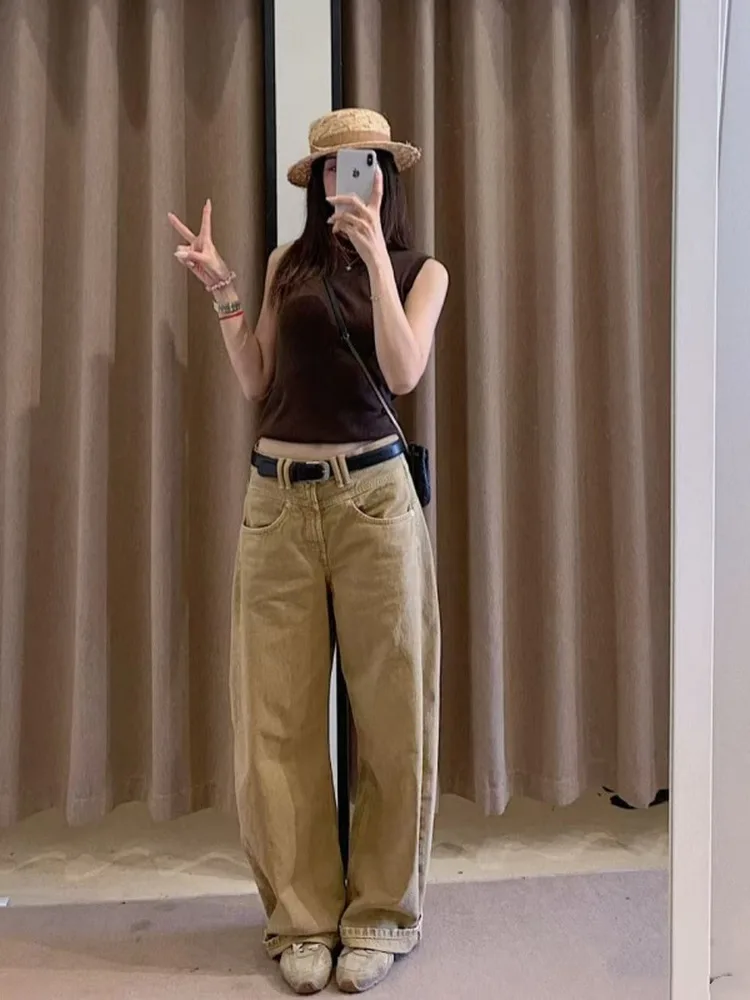 

Low Waist Wide Leg Cotton Denim Jeans Women's Casual Sle ket Decorated Loose Fit Autumn New Arrival 2025