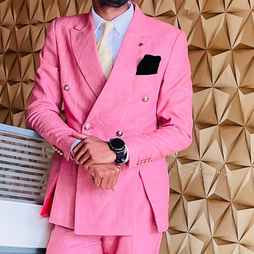 Unique Pink Double Breasted Men Suit Two Pieces(Jacket+Pants) Lapel Outfits Casual Party Prom Wedding Set