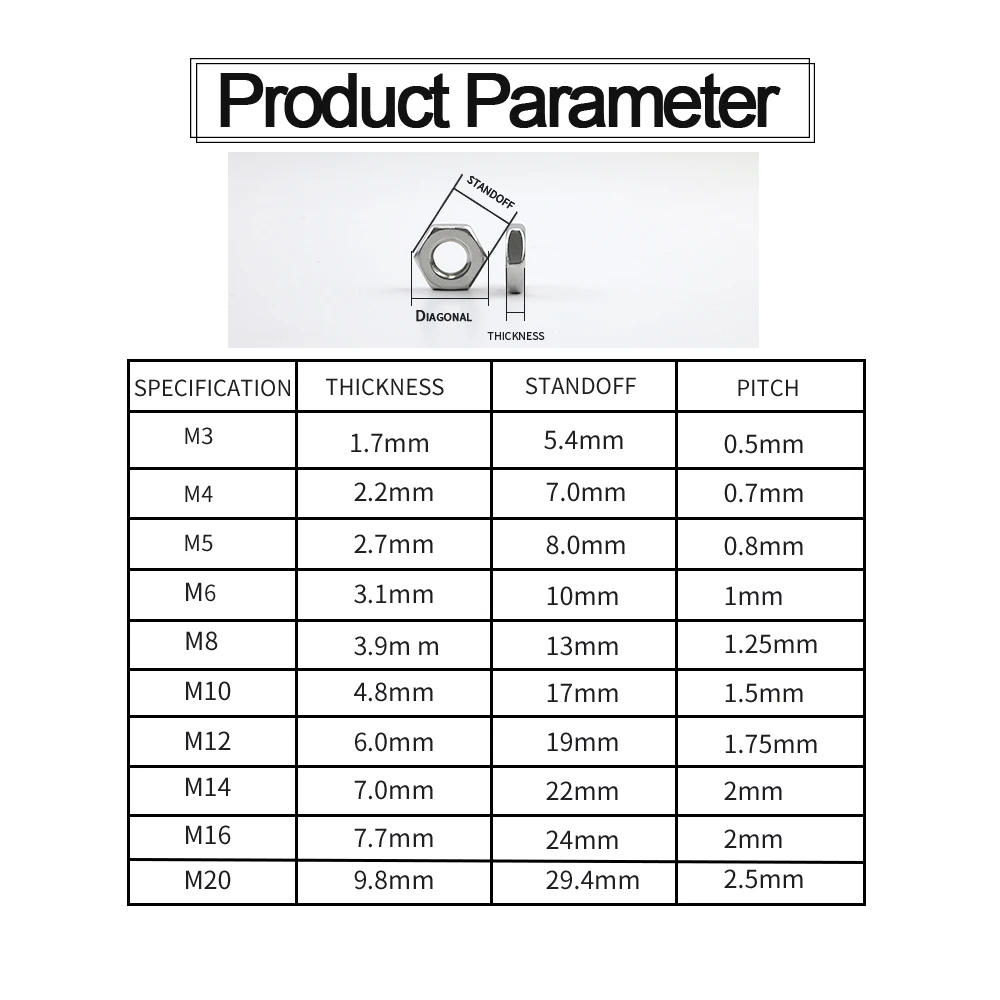 JUIDINTO Hexagon Thin Nuts Stainless Steel M3 M4 M5 M6 M8 M10 M12 M14 M16 M18 M20 Hex Thin Nuts DIN439
