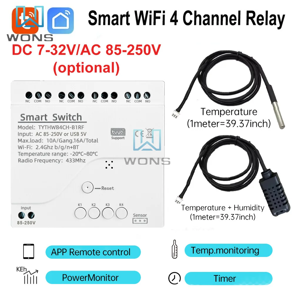 Przekaźnik WiFi Tuya Smart 4-kanałowy 110V 220V z czujnikiem temperatury i wilgotności, przełącznik kontaktowy pasywny, kompatybilny z Alexa i Alice