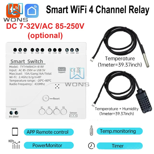 Przekaźnik WiFi Tuya Smart 4-kanałowy 110V 220V z czujnikiem temperatury i wilgotności, przełącznik kontaktowy pasywny, kompatybilny z Alexa i Alice