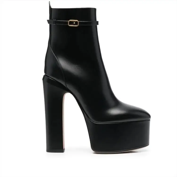 Woman Autumn Winter High-Heeled Platform Leather Boots New Thick Heeled Pointed Toe Side Zipper Ankle Black Boots