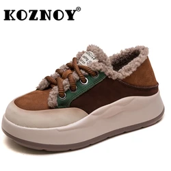 Koznoy 4cm Suede Genuine Leather Women Chunky Sneakers Platform Wedge Flats Vulcanize Loafer Spring Winter Plush Autumn Shoes