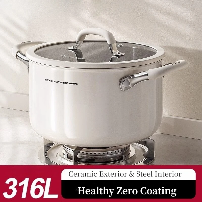 316 Stainless Steel Deep Soup Pot Uncoated Ceramic Interior, All-in-One Boiling & Stewing Pot for Gas Induction
