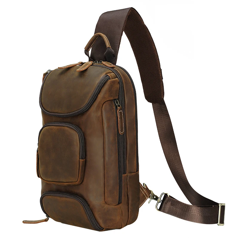 Retro leather big chest bag male head layer leather cross-body bag large capacity outdoor riding bag crazy horse leather