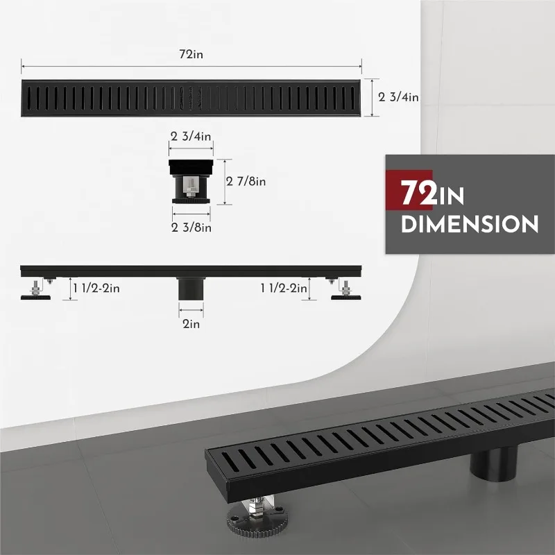 72 Inch Shower Linear Black Drain Rectangular Floor Drain with Accessories Capsule Pattern Cover Grate Removable