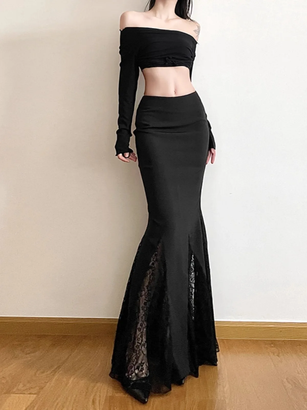 

High-waisted Slim-fit Mermaid Midi Skirt Black Blazer Style Women's Autumn Lace Spliced Big Swing Harajuku Y2k Vintage Elegance