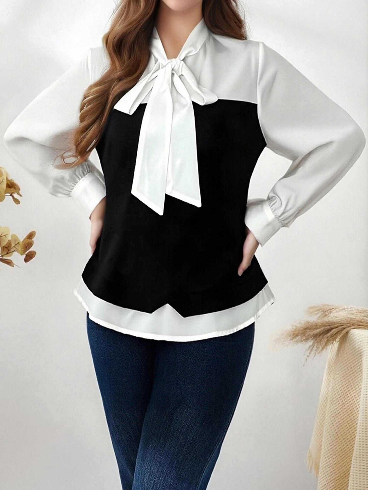 قمصان نسائية مقاس كبير للخريف متباينة مكونة من قطعتين ورقبة ربط وأكمام طويلة لملابس العمل غير الرسمية والنزهات في عطلة نهاية الأسبوع مع