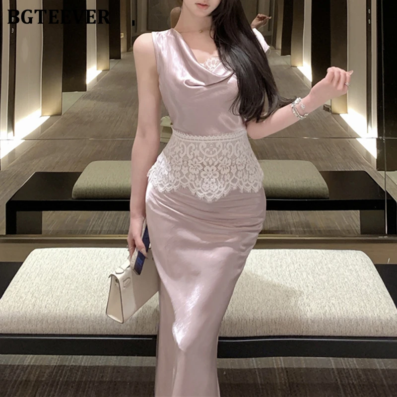 BGTEEVER Spring Summer Vintage Slim Ladies 2 Pieces Set Swinging Collar Lace-up Patchwork Lace Tops & Package Hip Mermaid Skirts