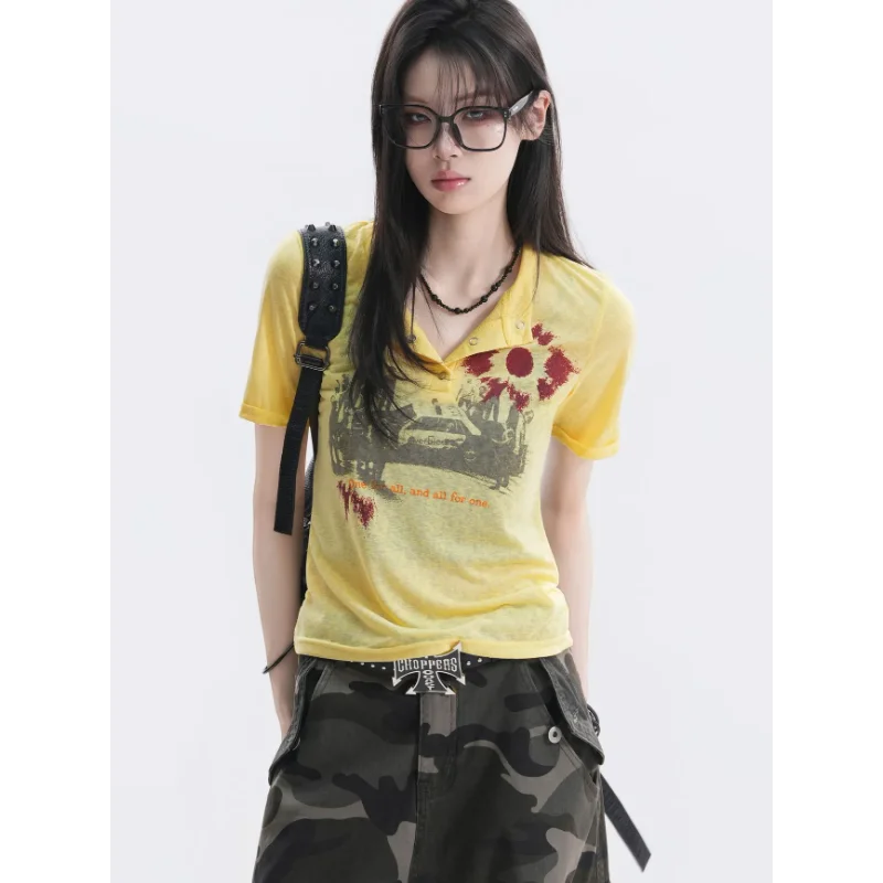 American Retro Hip-hop Style Printed Lapel Slightly See-through Blouse T-shirt Women Summer New Right Shoulder Hottie Top