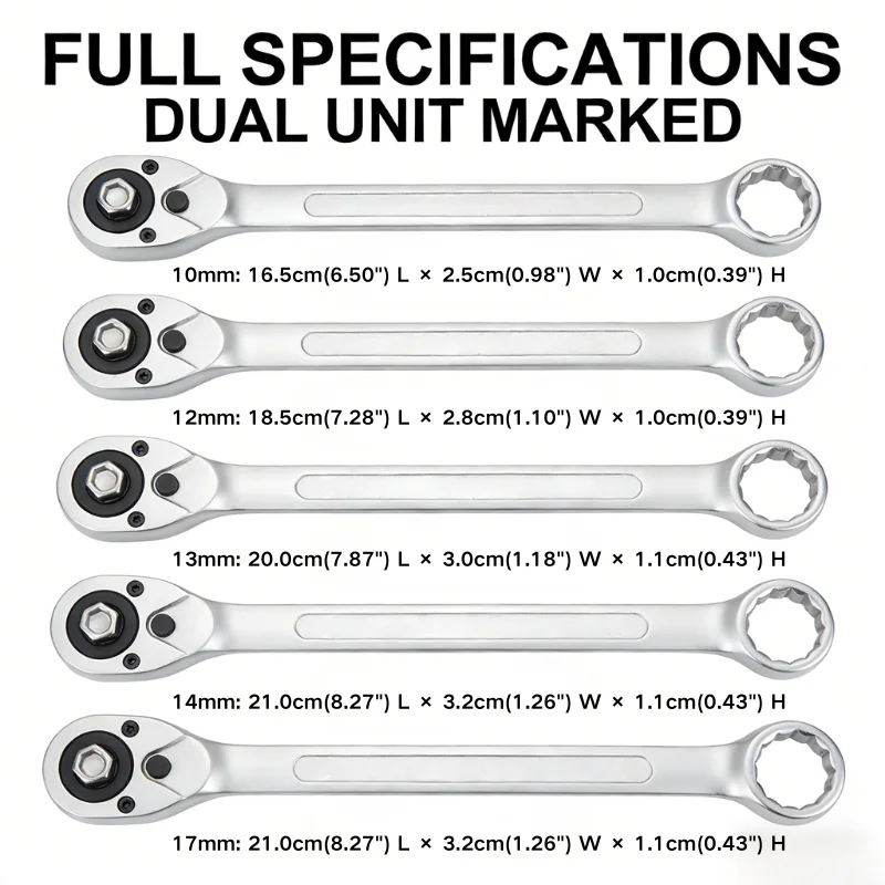 10-17mm Flex Head Ratcheting Combination Wrench 72-Tooth 180° Flexible CR-V Steel Auto Repair Tool Multiple Sizes Optional