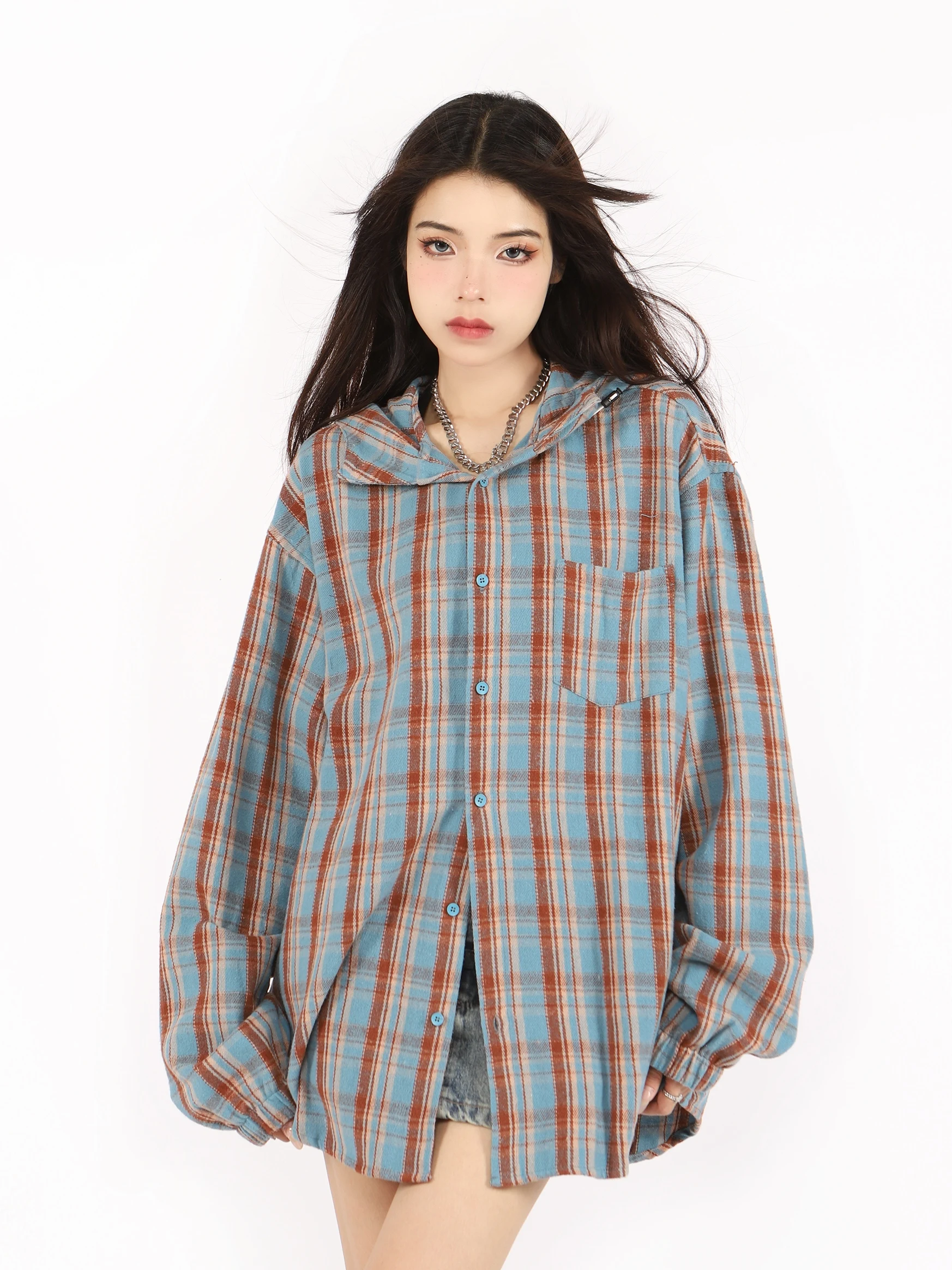 American Sle Long Sve à capuche irt femmes mince printemps automne marque à la mode haute Sensation motif à carreaux coupe ample haut