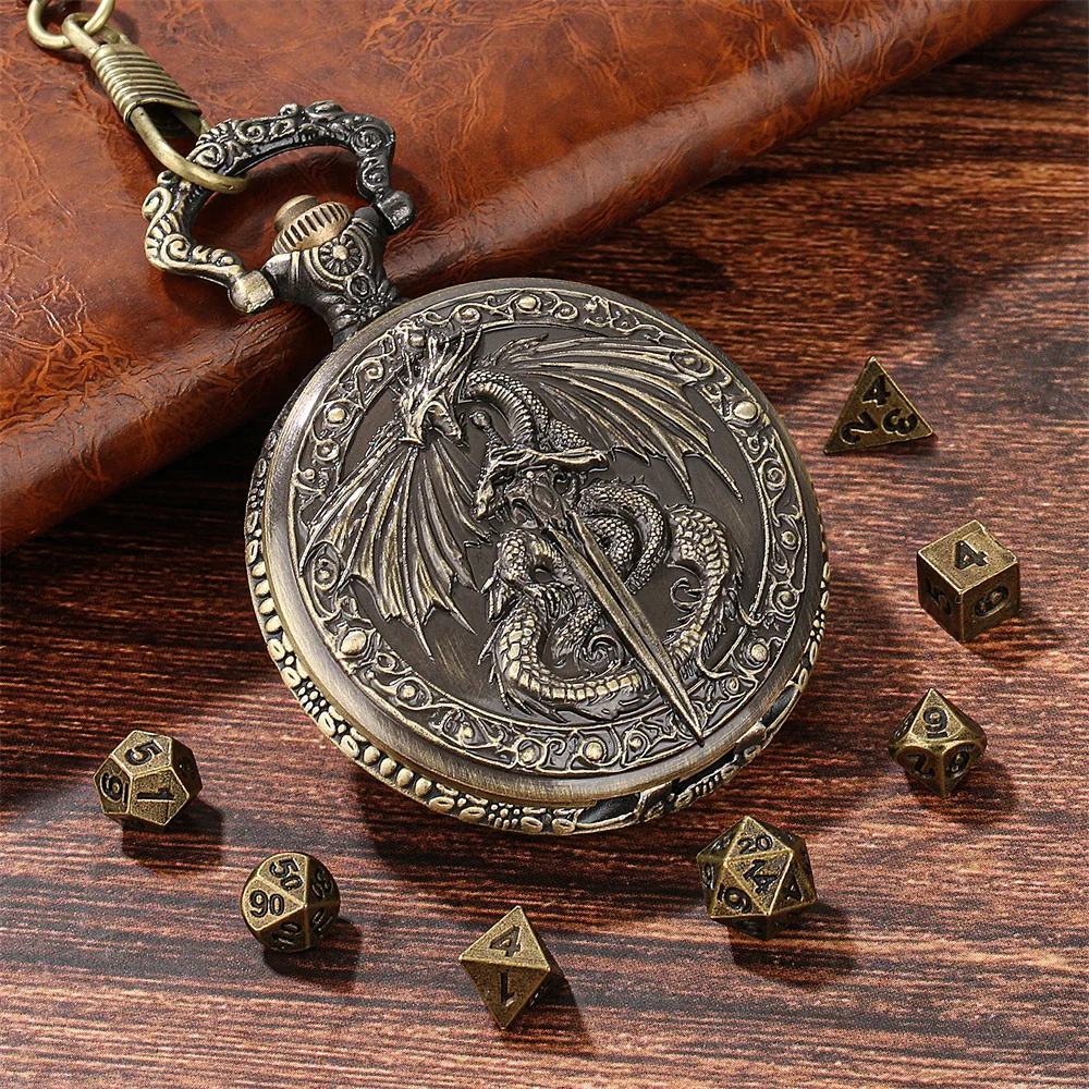 Bronze/Grey Black Sword Dragon Pocket Watch Case Mini Dice Set Entertainment Game Dice Novel Retro Gift for Dices Lovers - view 3