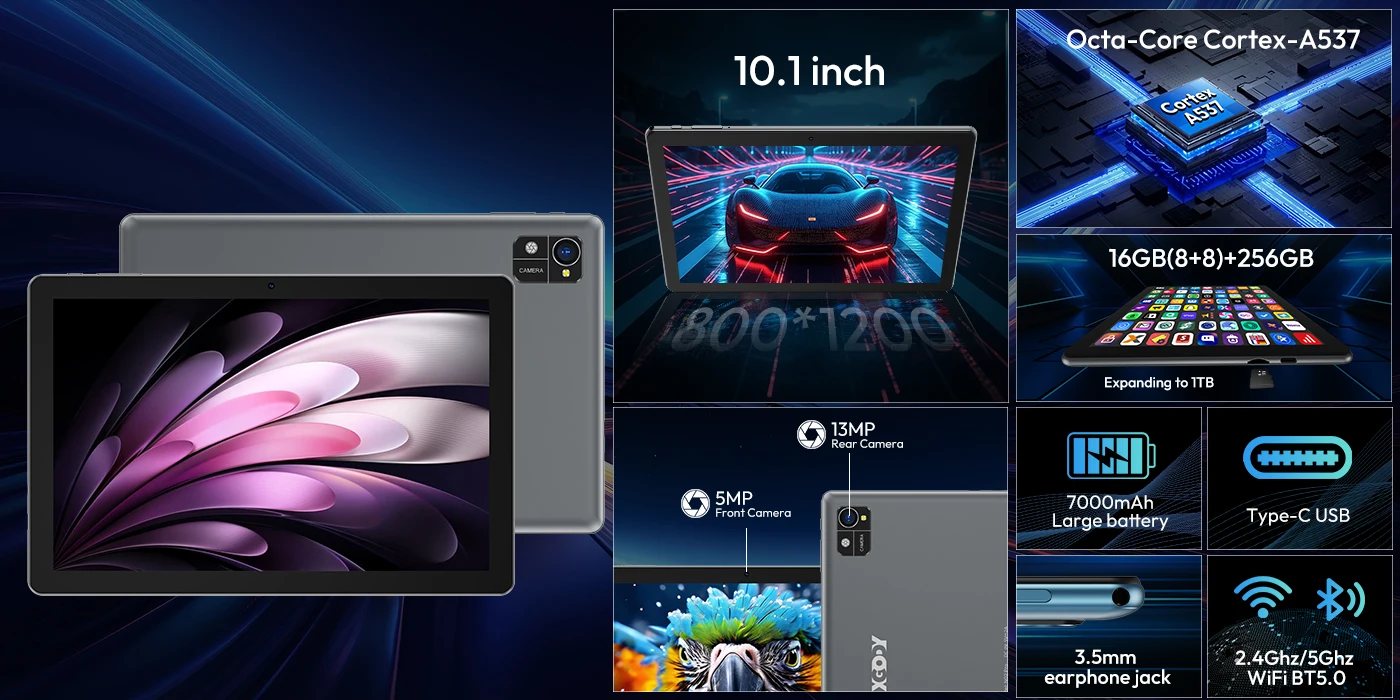 XGODY N02 Pro 10.1 Inch Android 15 Tablet 16GB RAM 256GB ROM Octa Core Widevine L1 Dual WiFi 7000mAh Pad for Study Entertainment
