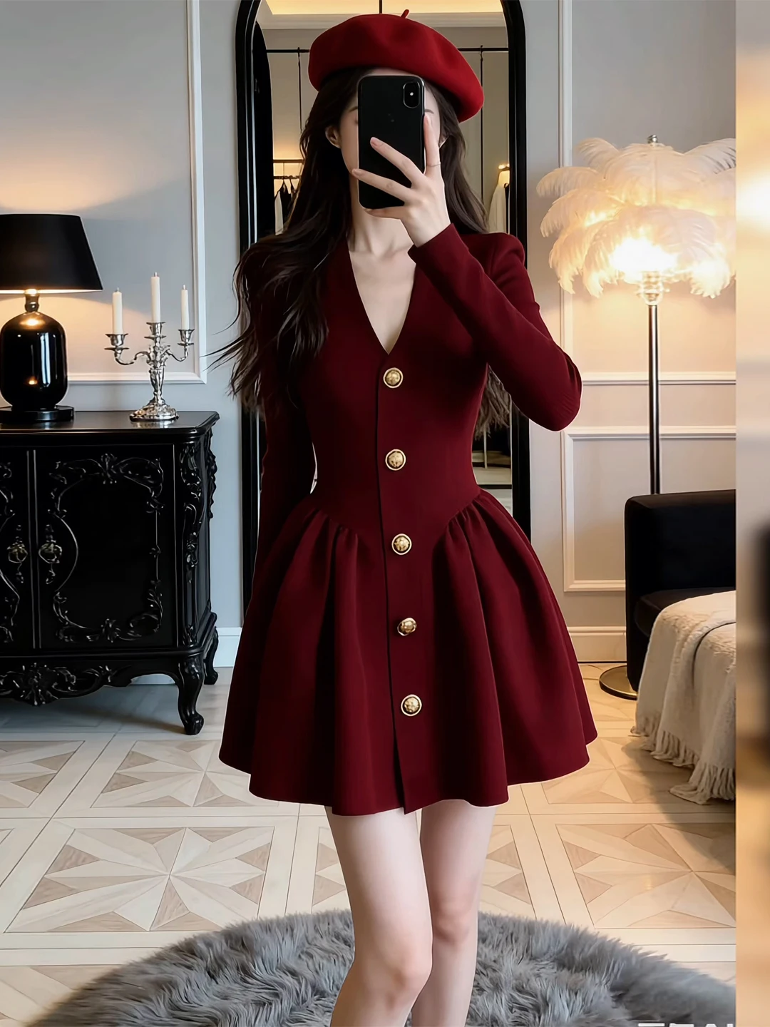 

Winter Miu Style Knitted Red Dress Women's Fashionable Elegant A-Line Skirt V-Neck Long Sleeve Elastic Knit Casual Wear