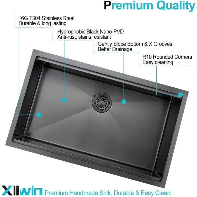 Pia de Cozinha Preto Undermount, Aço Inoxidável, Única Tigela, Workstation, 16 Gauge Undermount, 32x19x10 Polegadas