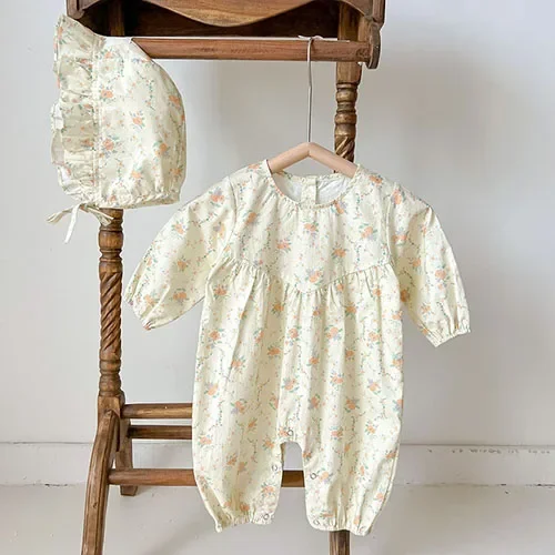 Mono de una pieza para niña recién nacida, pelele + sombrero de algodón de manga larga, ropa estampada para primavera y otoño