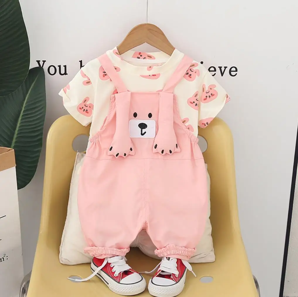 

Infant Summer Clothing 2024 New Style Girls Outfits Set Cartoon Crewneck T-shirts Tops and Cute Overalls Two Piece Boy Tracksuit