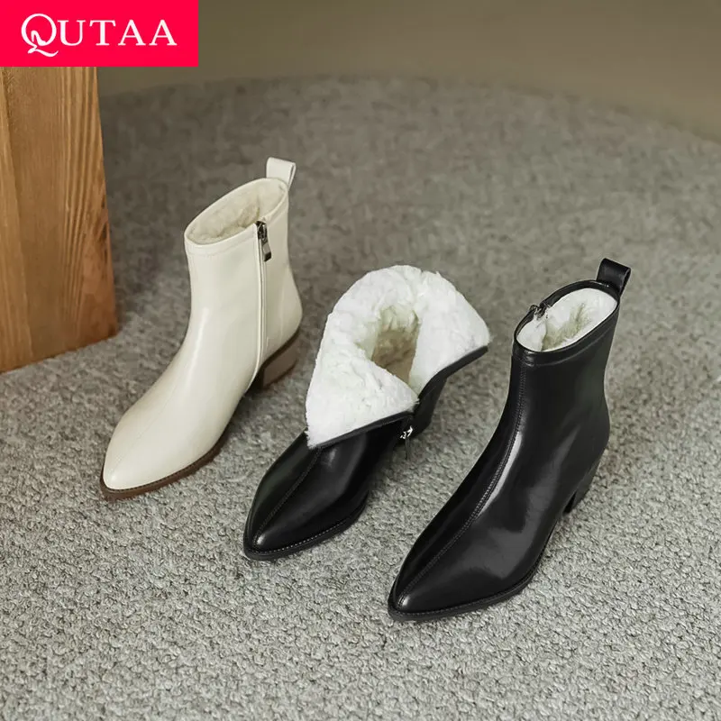 

QUTAA Fashion Women Ankle Boots Winter Shoes Cow Leather Mid Heels Zipper Wool Warm Snow Boots Pointed Toe Short Boot 34-40