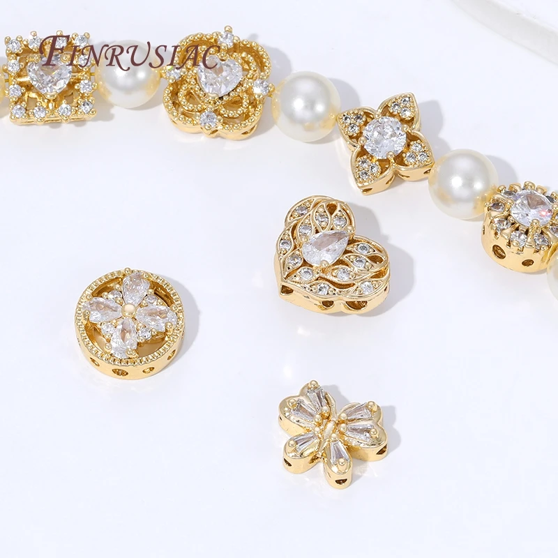 Perline di zirconi in ottone placcato oro 18 carati, perline distanziatrici a forma di cuore per forniture per la creazione di gioielli, perline separatori in metallo, accessori per braccialetti