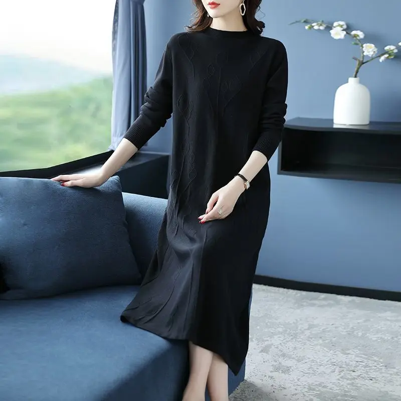 

Women Fashion Knitting Dresses 2023 Vintage Solid Color Half High Collar Pullover Office Ladies Long Sweater Bottom Dress R61