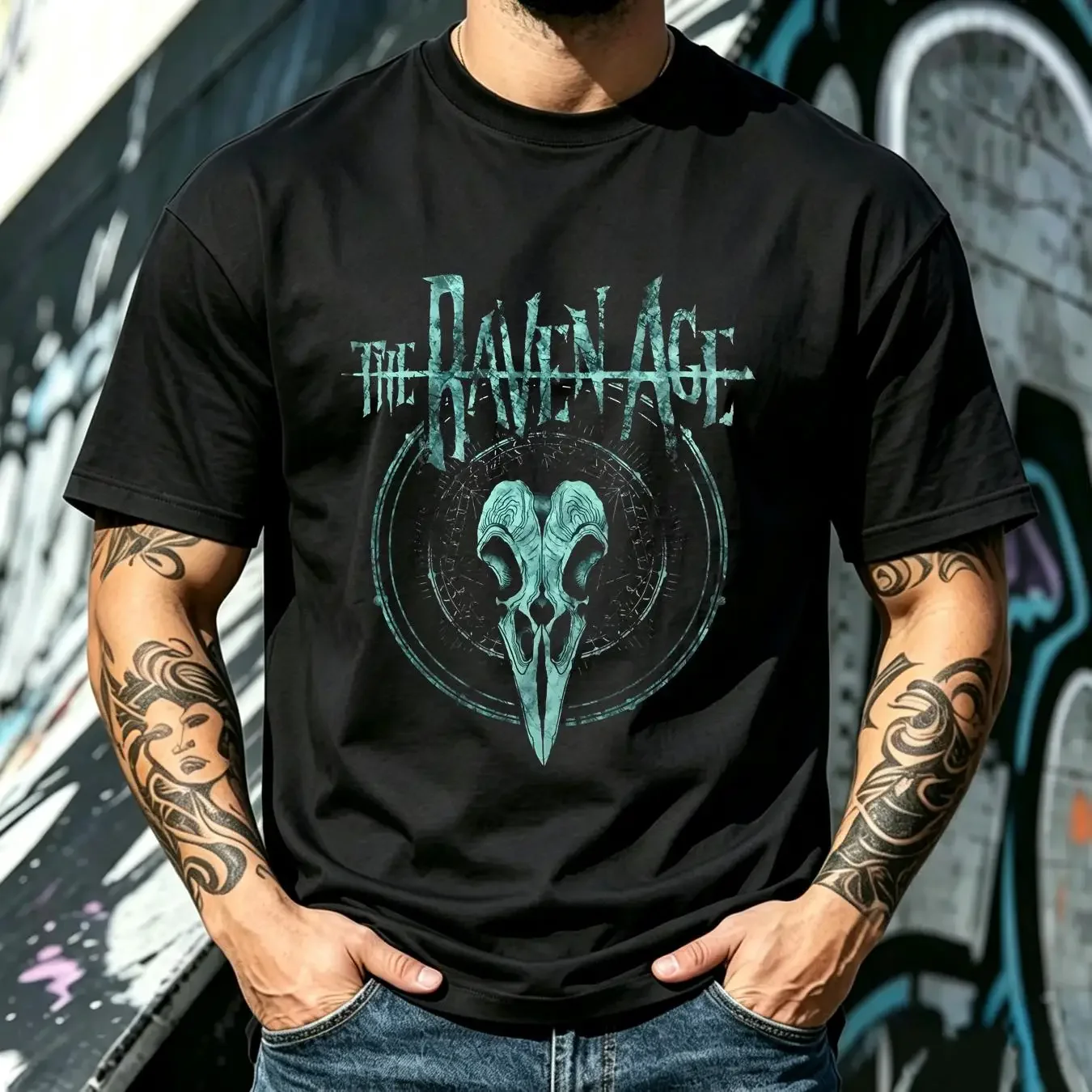 washed T Shirt The Raven Age Music Band Skull Green Black Cotton  XXL vintage Washed Stretched Versatile Breathable Comfortable