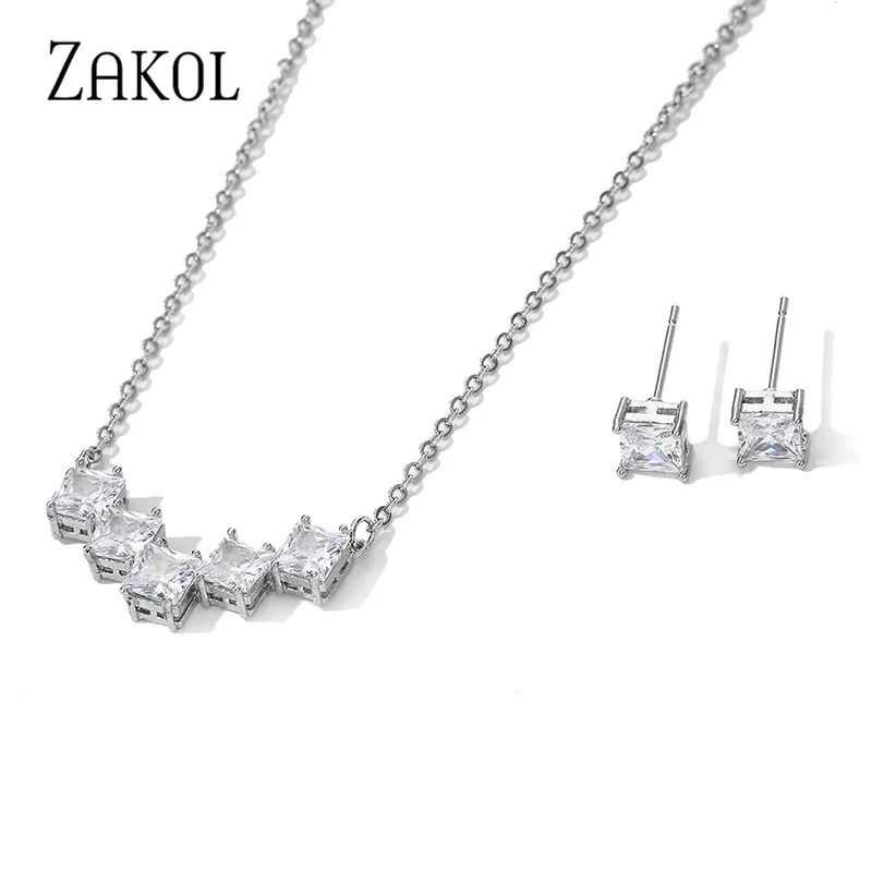 ZAKOL Brand Elegance Charm Water Drop AAA Cubic Zircon Crystal Earrings Necklace Set For Women Popular Bride Jewelry Gift