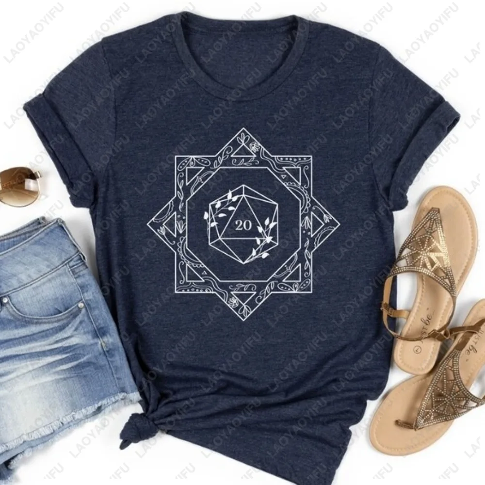 Dungeons and Dragons DND D20 Dice Flower Graphic Printed T-shirt Funny Board Game RPG Role Play Lovers Tshirt Cotton Man Tees