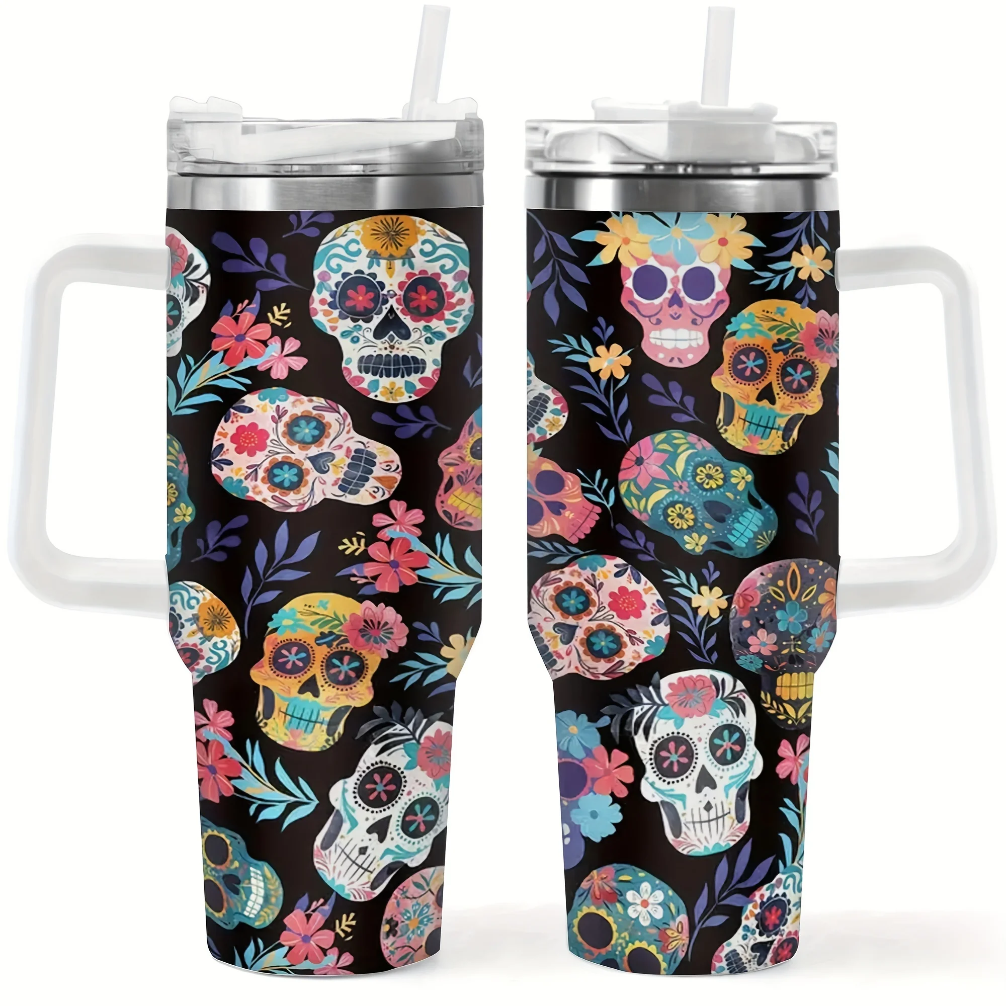 40oz Colorful Sugar Skull Floral Print Insulated Stainless Steel Travel Tumbler With White Handle Straw Lid Large Thermal Cup Day of The Dead Halloween Gift