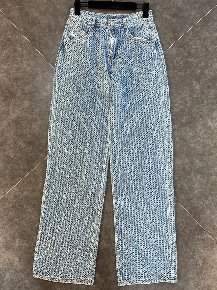 VGH Denim Set a due pezzi per donna Scollo a V Manica lunga Impiombato Nappa Top Vita alta Jeans a gamba larga Orlo grezzo Set casual Donna Nuovo