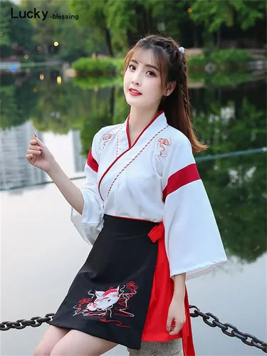 Imagen 2 del producto Vestido japonés estilo Kimono para mujer, falda con bordado de gato blanco y negro, ropa asiática Vintage, disfraz de fiesta Yukat, Cosplay de Anime, harajuku