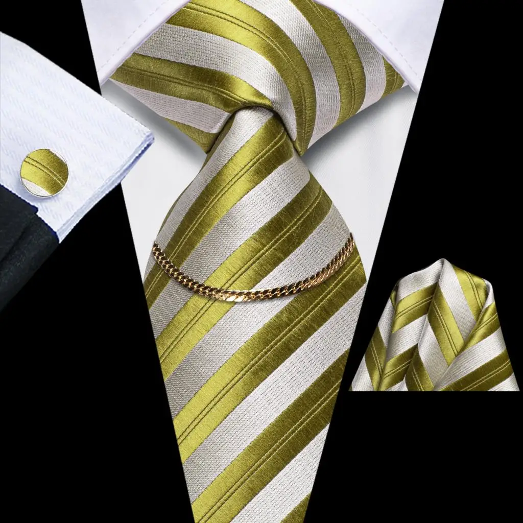 

2023 Green Silver Striped Luxury Silk Men Tie Fashion Necktie Chain Hanky Cufflink Gift For Men Wedding Hi-Tie Design Wholesale