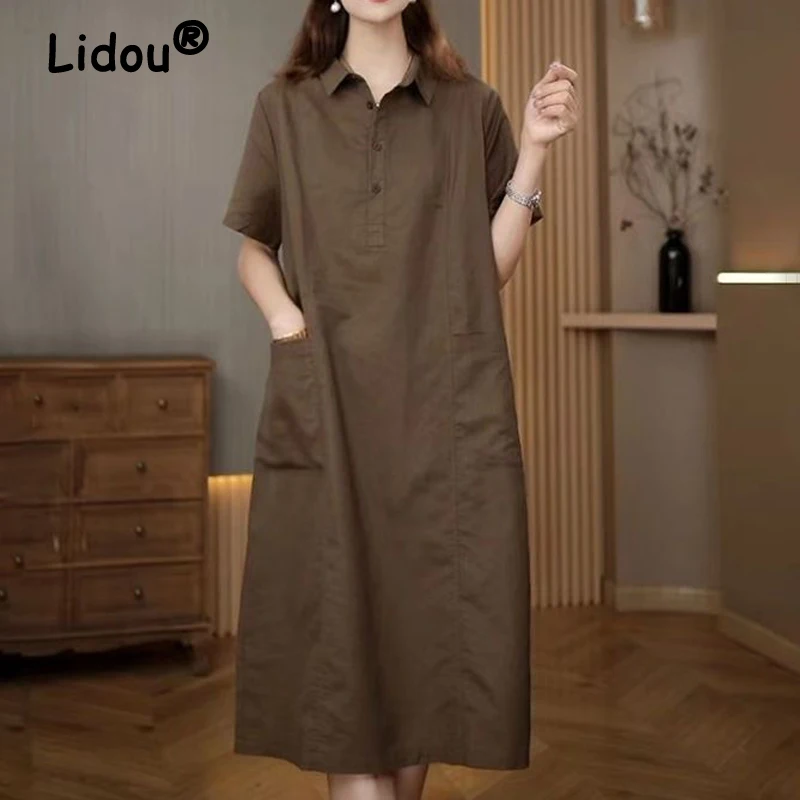 

Women's Vintage Streetwear Cotton Linen Shirt Midi Dress Y2K Female Summer Korean Simple Casual Dresses Short Sleeve Loose Robe