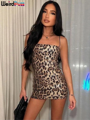 Imagen 1 del producto Vestido Sexy con estampado de leopardo y gato extraño para mujer, ropa Hipster con lentejuelas, moda de verano, ajustado, elástico, para fiesta de medianoche, ceñido al cuerpo