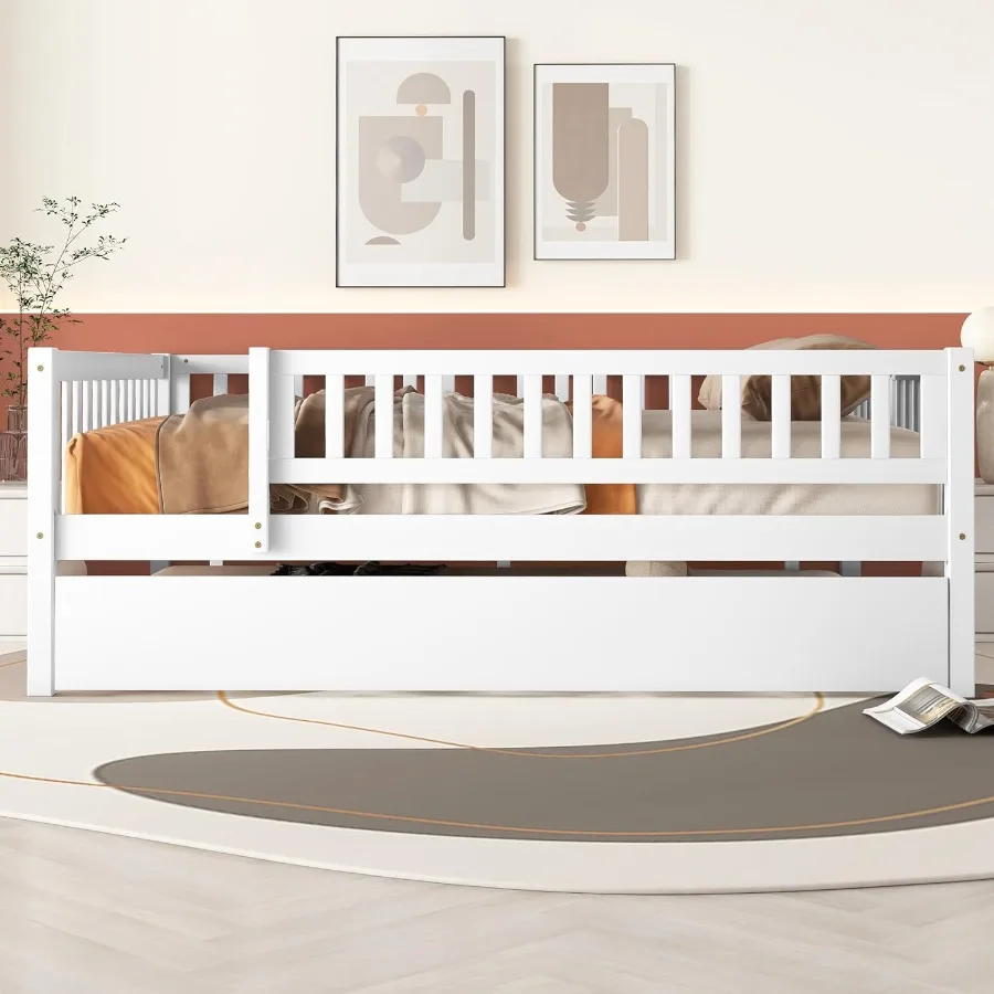Full Size Daybed with Trundle Wood Full Platform Bed Frame with Rails No Box Spring Needed Easy Assembly for Bedroom or Guest R