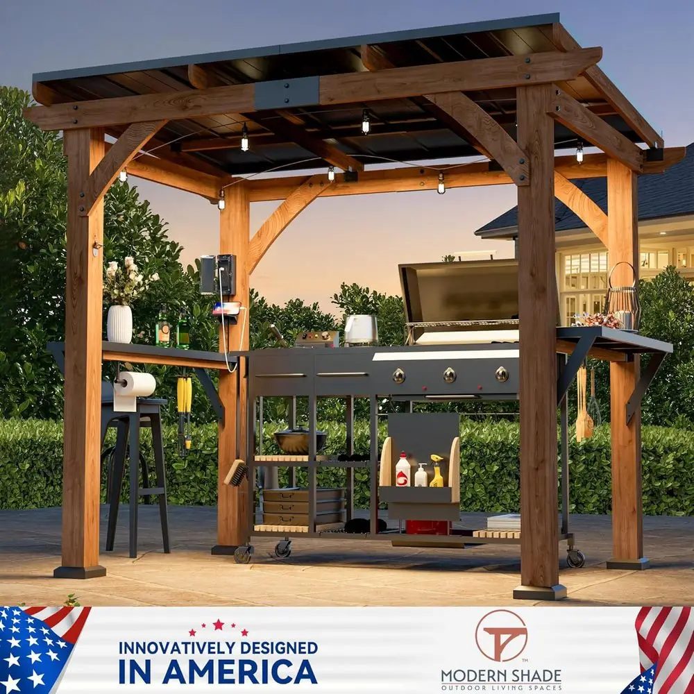 6' x 8' Wooden Gazebo with USB Charging Ports, Outdoor Bar, Galvanized Steel Roof, Shelves, and Paper Towel Holder for Patio or