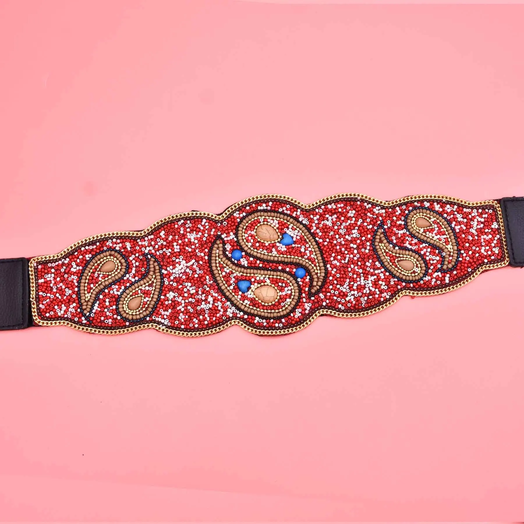 Beads Women Belt Colorful Acrylic Ethnic Elastic Statement Waist Belts Vintage Red Leather